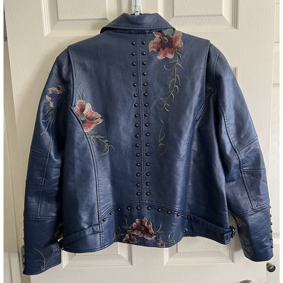 COLLEEN LOPEZ Blue Faux Leather Floral Embroidered Studded Zip Moto Jacket Sz XL - Picture 7 of 14